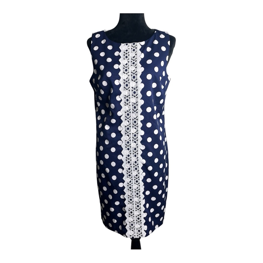 Madison Leigh Navy and White Polka Dot Lace-Trim Sleeveless Dress